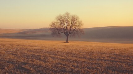 Serene Landscape with a Lonely Tree at Sunrise Capturing the Beauty of Nature in Warm Tones and Gentle Light Over Open Fields and Rolling Hills