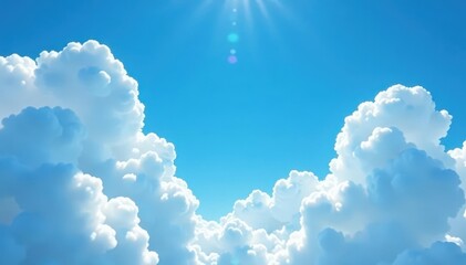 Vast azure sky, fluffy white cumulus clouds, bright sunlight , stunning, peace