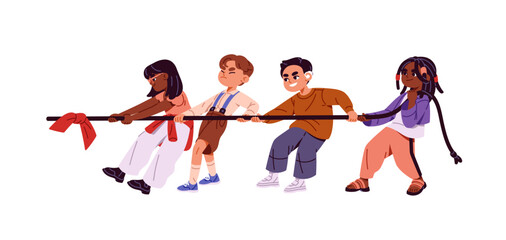 Happy children are tug of war. Team with kid with disability competes, efforts, works together. Group of diverse girls and boys pulls rope in teamwork. Flat isolated vector illustration on white
