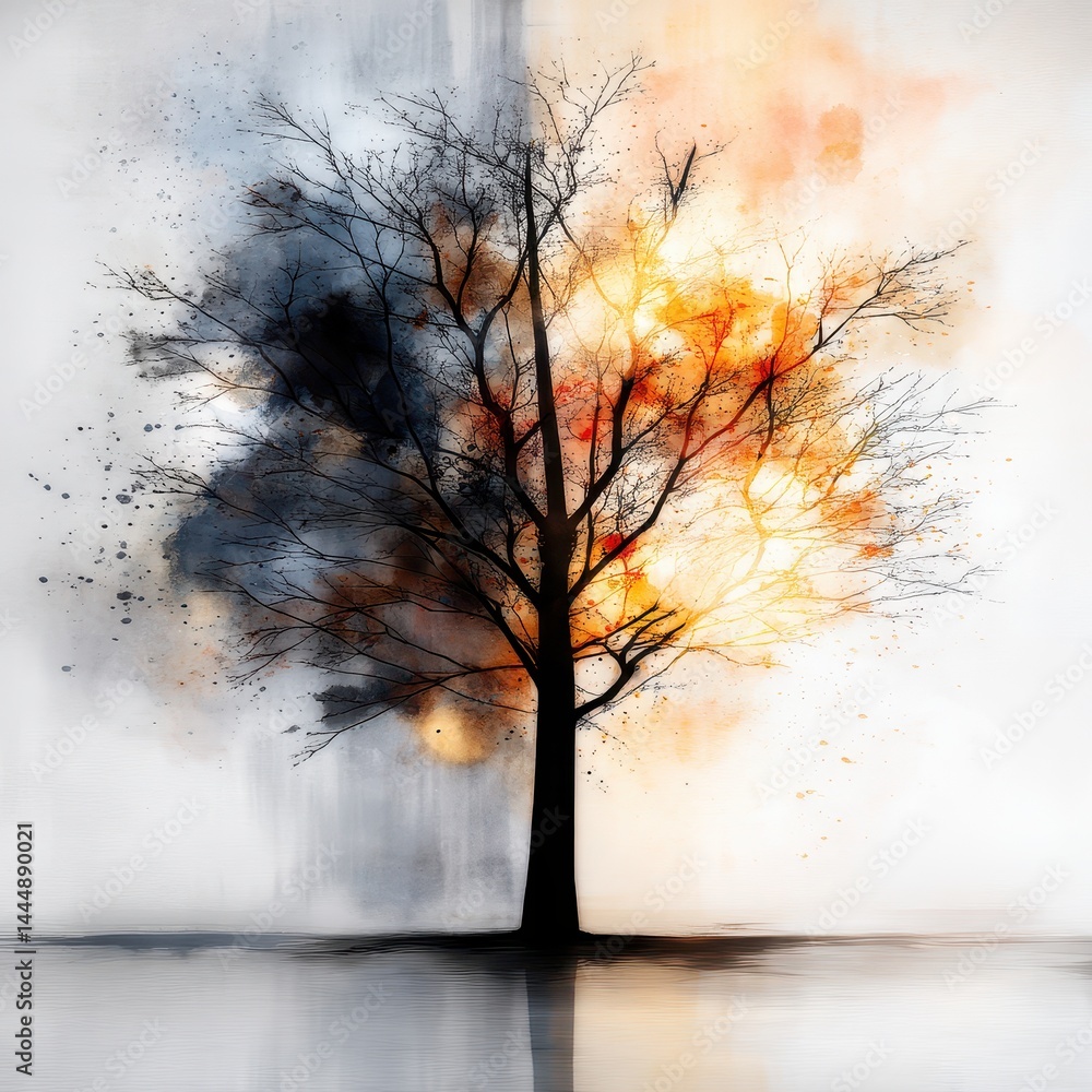 Poster ethereal tree against cosmic backdrop in double exposure technique highlighting growth and transform