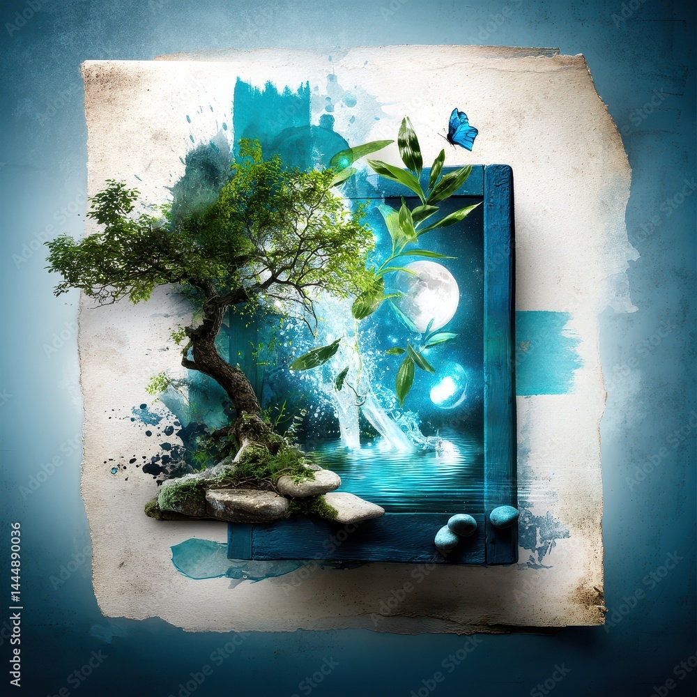 Poster enigmatic tree surrounded by swirling cosmos and spaces, capturing growth and serenity in a double e
