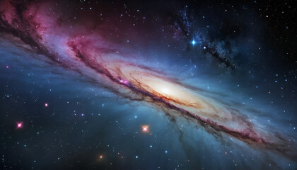 Fototapeta premium Cosmic spiral galaxy bathed in starlight. Vibrant colors swirl across a vast expanse of space, showcasing swirling nebulae and countless distant stars. A mesmerizing celestial panorama