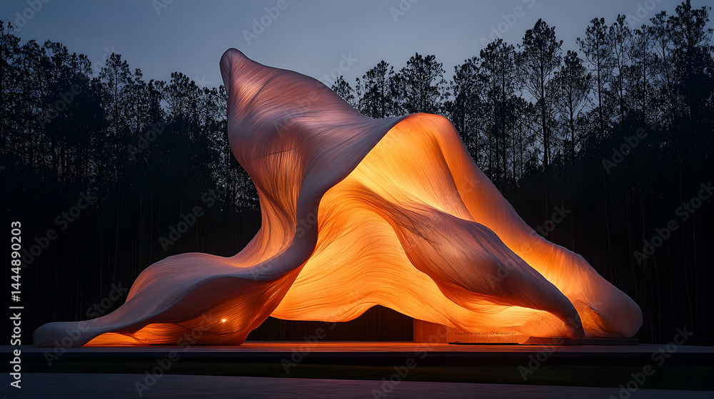 Poster a glowing fabric sculpture stands in a forest at dusk. it could be used as a unique event space or a