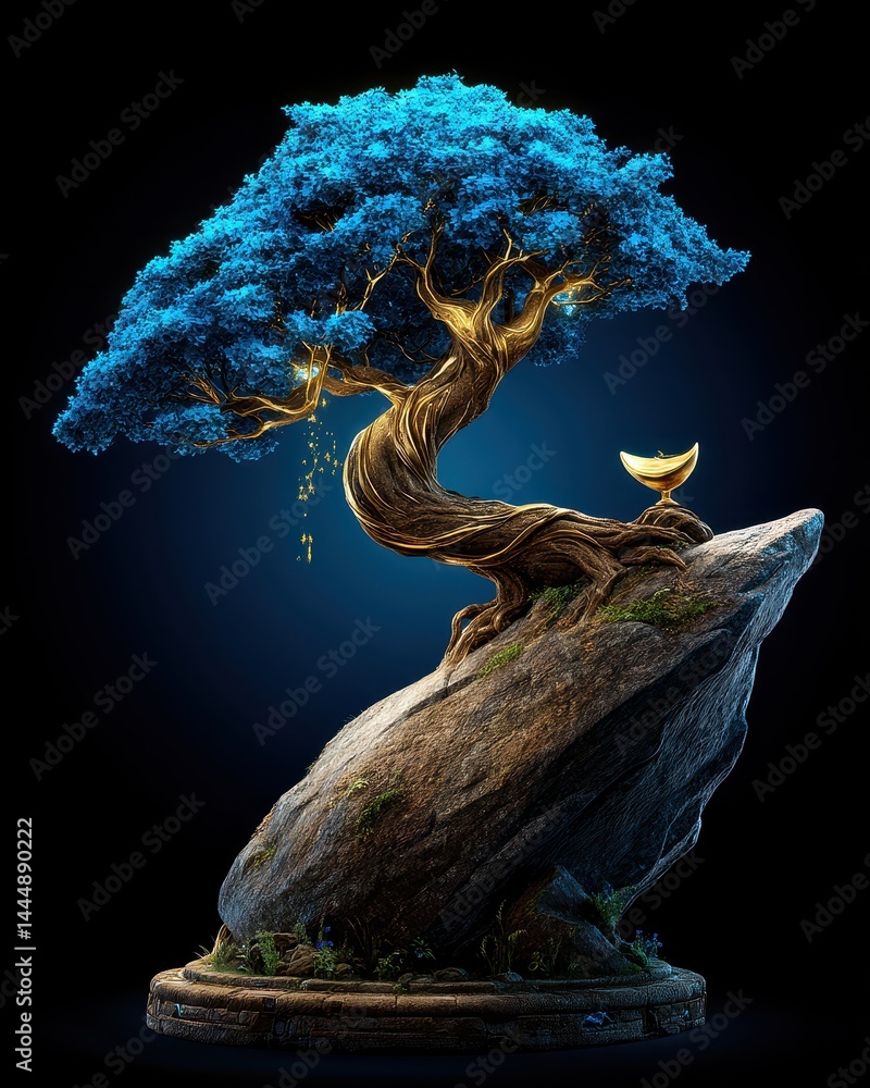 Poster enchanted tree with cosmic elements in space, illuminated by soft light, representing growth and mys