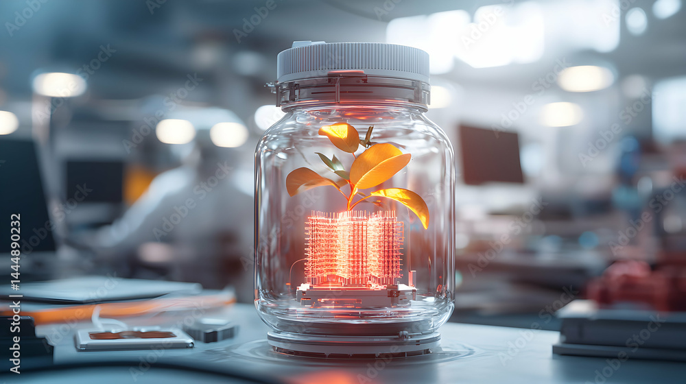 Poster a futuristic concept of technology merged with nature displayed in a laboratory. suggests technologi