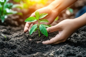 A person is gently holding a small green plant carefully in their hands