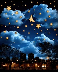 Fototapeta premium Enchanted Night Skyline with Stars and Clouds in a Magical Cosmos Atmosphere Captured in a Stunning Double Exposure Technique