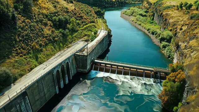 Aerial view of an aqueduct channeling water to a hydroelectric facility in a lush landscape, Aerial shot of an aqueduct supplying water to a Hydro Electric Power Plant