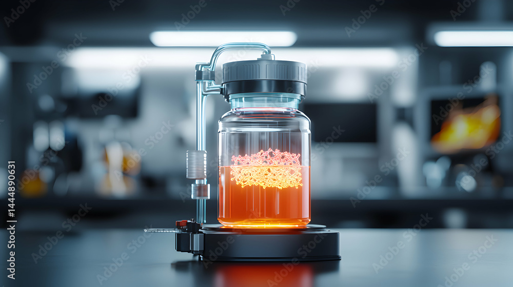 Aufkleber a conceptual image of a scientific experiment with a glowing vial in a lab setting. this could repre