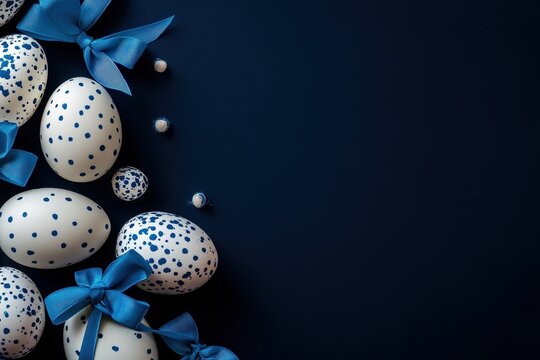 Beautiful blue Easter eggs with bows on a black background