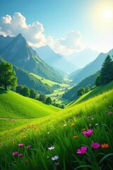 Fototapeta premium Vibrant green hills, lush meadows, sunlit valley , marvelous, bright