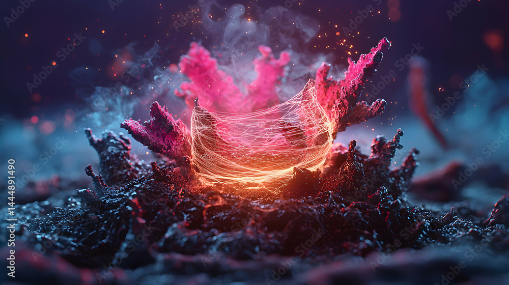 Poster mysterious abstract artwork depicting an energy core surrounded by intricate organic structures and 