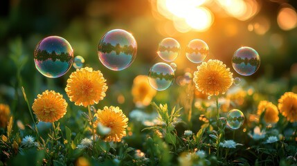 Golden flowers, vibrant bubbles, warm sunlight