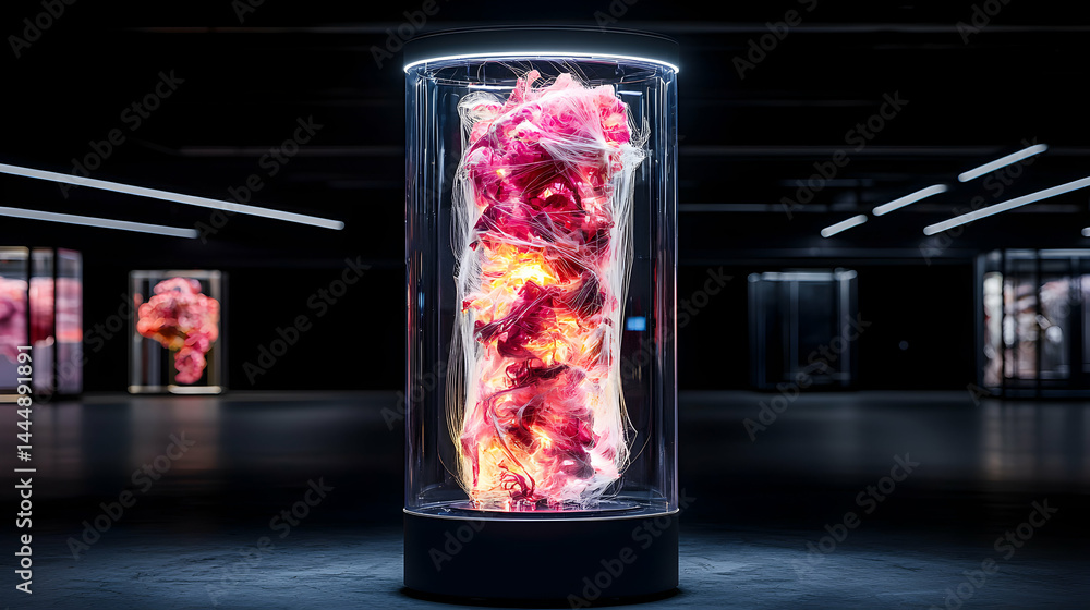 Poster an art installation showcasing a vibrant display inside a glass cylinder. the dark ambiance emphasiz