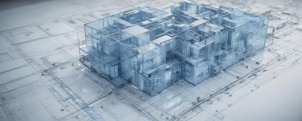 Abstract architectural blueprint with blue photographic tint, faded edges , overlay, construction, technical