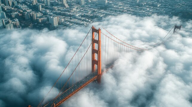 Golden Gate Bridge pierces a sea of fog over city