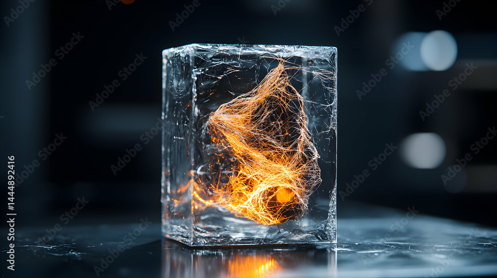 Poster an abstract image of a glowing form encased in ice. it can be used for science fiction themes or sym