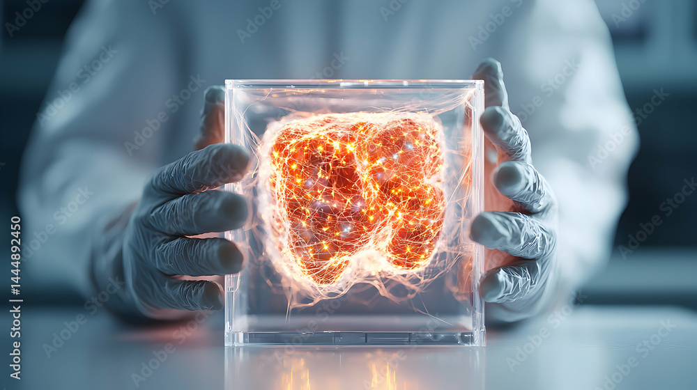 Poster a scientist holds a glowing structure in a transparent box. it appears to be biological research or 