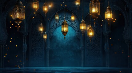 Obraz premium Enchanting oriental backdrop with glowing lanterns and intricate architectural design