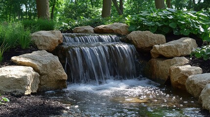 Naklejka premium Small cascading waterfall in a landscaped garden