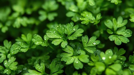 Close-up of Fresh Green Leaves with Water Drops in Nature, Highlighting the Beauty and Detail of Foliage in a Lush Green Environment