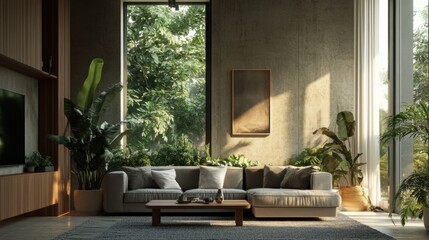 Living room with gray couch, plants, and natural wooden furniture