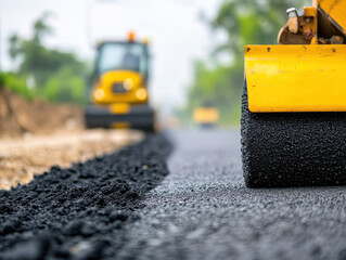 Road roller smoothing fresh asphalt on road under construction