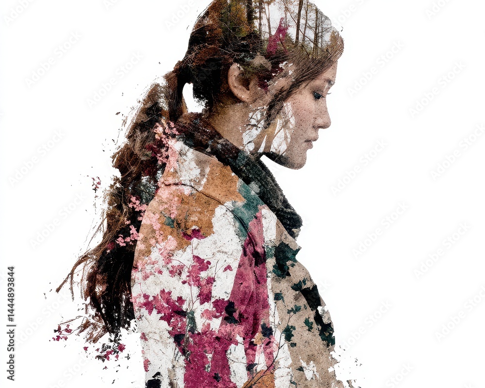 Poster double exposure of a profile in a cosmic space with floral elements and abstract colors capturing a 