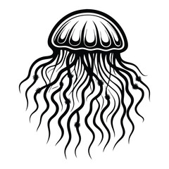 Black ink jellyfish illustration, ocean fauna with long tentacles on white background