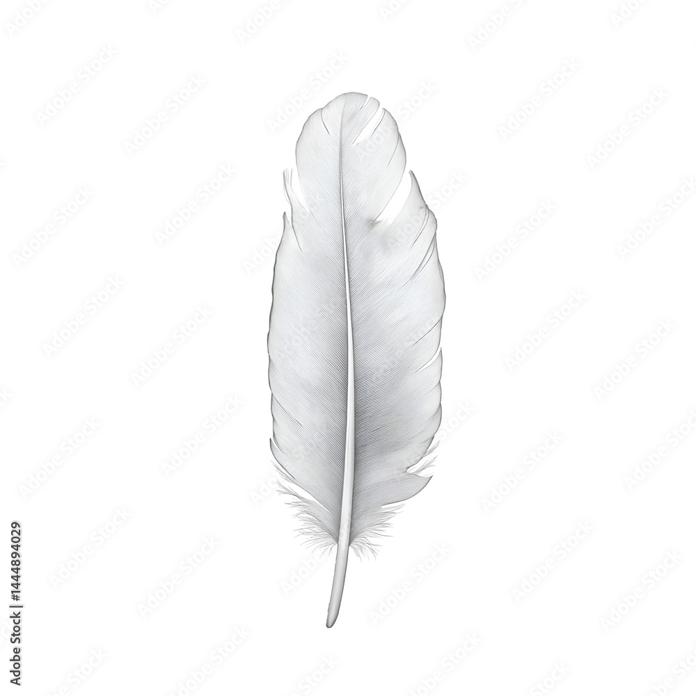 Poster single feather floating with detailed texture on a clean white or transparent backdrop