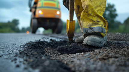 Worker repairing damaged road section with pothole