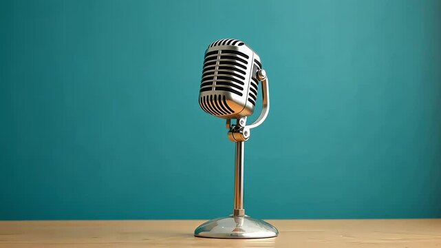 Elegant vintage microphone slowly rotates on a small round stage with red cloth cover and red curtains in the background, creating a dramatic atmosphere perfect for musical or comedic performances