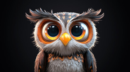 Close up of cute owl with large expressive eyes and detailed feathers looking curiously at camera