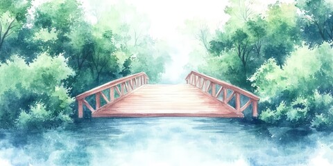 Tranquil Wooden Bridge Over River in Lush Green Forest Watercolor Painting