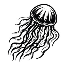 Minimalist Black & White Jellyfish on White Backdrop, Marine Life Design