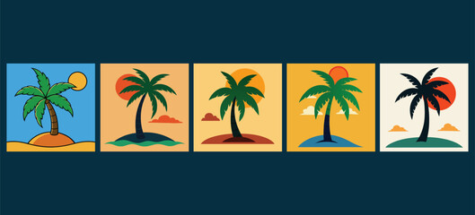 Obraz premium Tropical Palm Tree Illustrations - Sunset Beach Icons