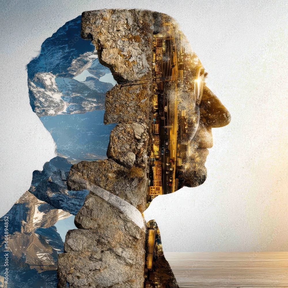 Poster merging of nature and technology in profile view with a cosmic background and mountains