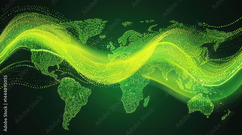 Poster a glowing digital wave flows across a dotted world map, symbolizing global connectivity and data tra