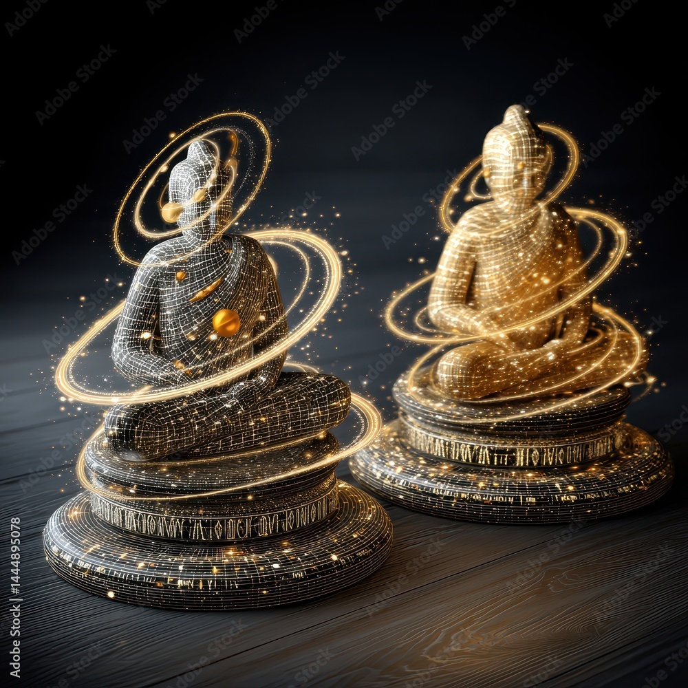 Poster meditating figures in cosmic space with double exposure effect and artistic elements of mystical lig