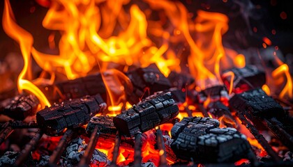 Burning Charcoal Briquettes on a Grill for BBQ A close up view of hot glowing embers and flames