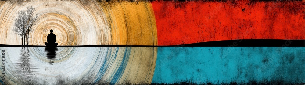 Poster meditating figure in cosmic space with double exposure effects and vibrant colors representing tranq