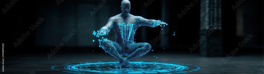 Poster meditating figure surrounded by cosmic elements in a double exposure style with vibrant blue hues an