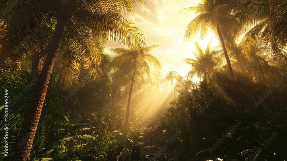 Aufkleber lush tropical forest with sunlight filtering through palm trees creating a dreamy atmosphere in an e
