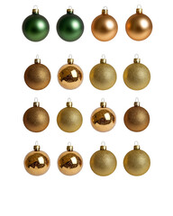 Arrangement of Green and Golden Christmas Ornaments on White Background