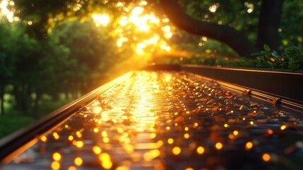 Golden sunlight streams through trees, reflecting on a water feature