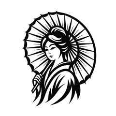 Elegant Japanese Woman Holding Umbrella in Black and White Monochrome