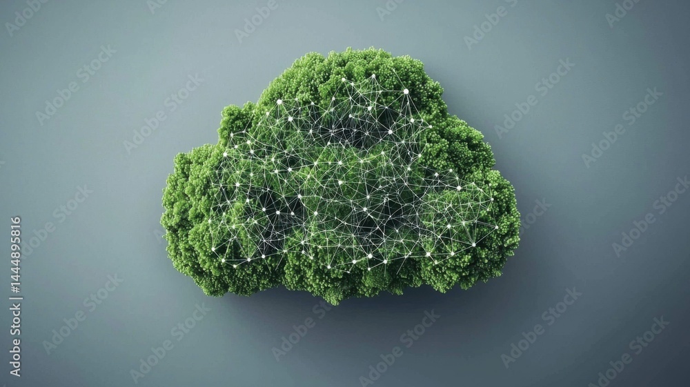 Poster a green cloud-shaped bush with a digital network pattern overlay, symbolizing eco-friendly cloud com