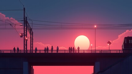 Summertime, retro, cityscape: People watching sunset from urban overpass, retro summer aesthetic.