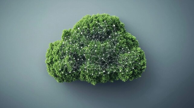 A green cloud-shaped bush with a digital network pattern overlay, symbolizing eco-friendly cloud computing or sustainable technology.