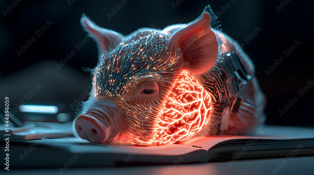 Aufkleber an artistic rendering of a pig's head with glowing neural pathways. suggests a concept of artificial